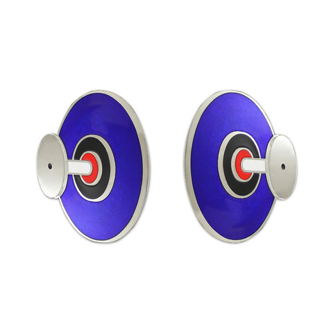 A pair of silver earrings shaped as ovals with blue, black and red colors. 