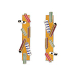 A pair of earrings with narrow rectangles inscribed with seven small colorful rectangles