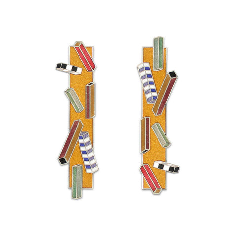 A pair of earrings with narrow rectangles inscribed with seven small colorful rectangles