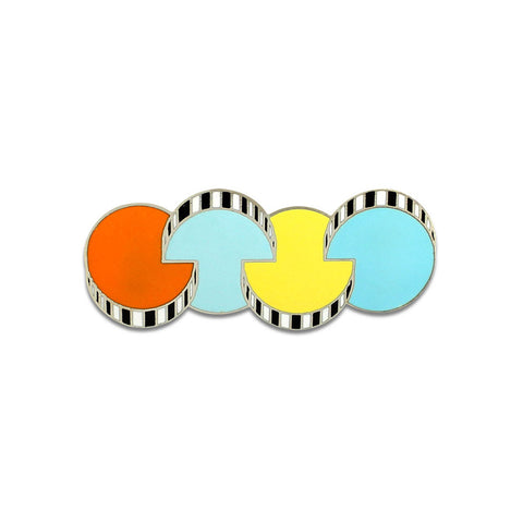A flat silver brooch designed from four interlocking circles in orange, yellow and light blue colors.  