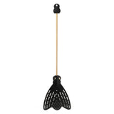 Laser-cut leather swatter design in shape of a fly attached to a wooden handle with a leather hook. 