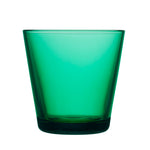 One of a pair of green, durable, and elegant tumbler glasses with a flat bottom and flared sides on a white background.