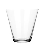 One of a pair of clear, durable, and elegant tumbler glasses with a flat bottom and flared sides on a white background.