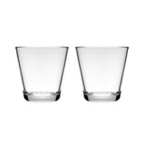 Set of two clear, durable and elegant tumbler glasses with thick flat bottoms and flared sides on a white background.