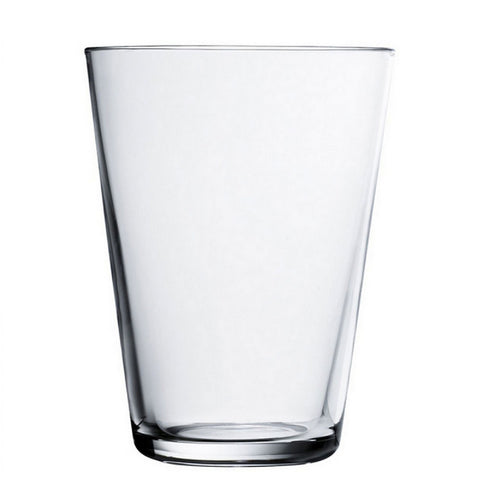 One of a pair of tall, clear, durable tumbler glasses with flat bottoms and elegant, flared sides on a white background.