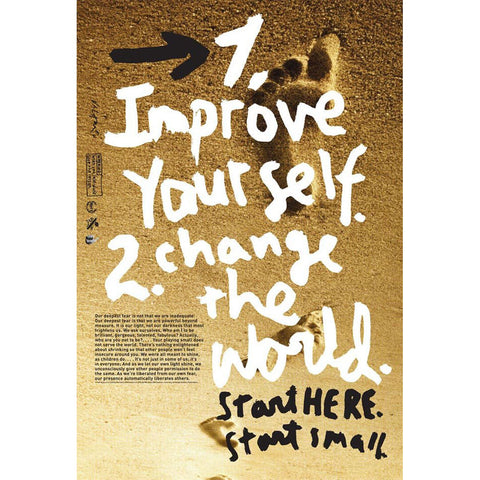 A poster with a background image of footprints in sand. Overlaid text reads "1. Improve Yourself. 2. Change the world. Start here. Start Small" in white and black lettering.