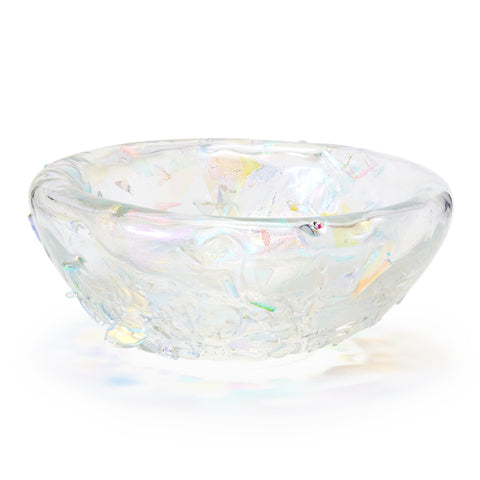 Large iridescent bowl with broken dichroic glass incorporated into the glass.