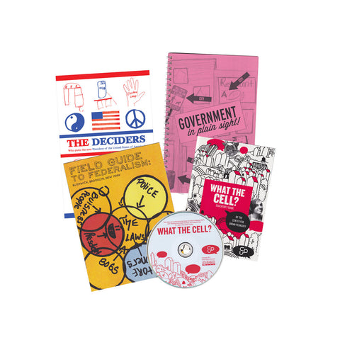 Spread of five media pieces, a pink spiral bound book titled "government in plain sight" a white and red illustrated book called "what the cell?" a DVD with the same title, a yellow book with an illustration titled "Field Guide to Federalism" and a white book with red white and blue illustrations titled "The Deciders"