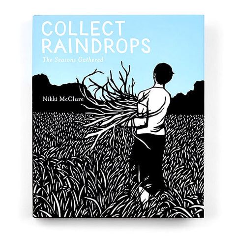 Book cover with bold colors person carrying branches on a field with a light blue sky, with black and white colors