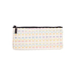Vinyl woven Chilewich Pencil Case in primarily white basket weave pattern with pops of bright colors showing through.