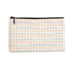 Zip pouch in primarily white basket weave pattern with pops of bright colors.