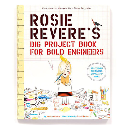 Book cover with ruler and graph paper pattern featuring a young light skinned blond kid wearing a red, black, and white dress holding a blue pencil and looking at a yellow notebook. Kid is surrounded by toys and tools
