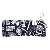 Black pencil pouch decorated with white prints of the objects from Cooper Hewitt's collection. 