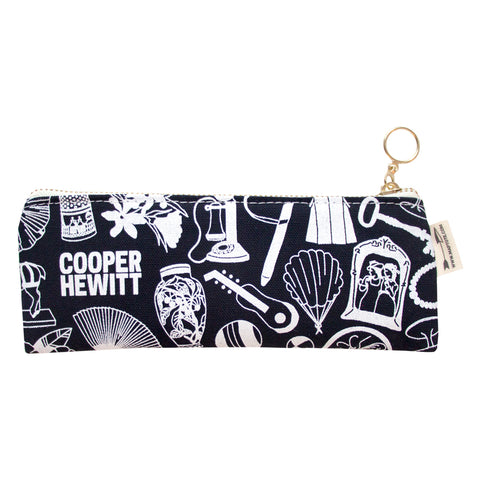 Black pencil pouch decorated with white prints of the objects from Cooper Hewitt's collection. 