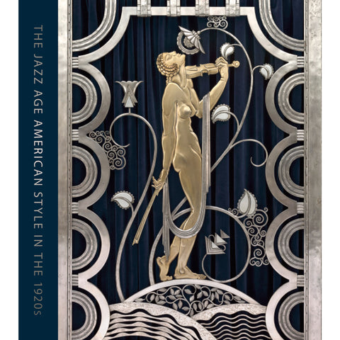 Book cover showing gold and silver metalwork of a classical figure with art deco ornamentation. Title vertically rotated in sans serf font in navy blue field to the left