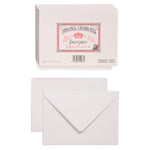 An image of the front and back of a pale grey envelope. Above is an image of a stack of grey envelopes. On the top of stack is the Original Crown Mill branded brown and red seal which features a crown and an Old English font.