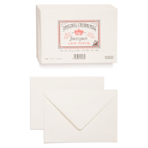 An image of the front and back of a white envelope. Above is an image of a stack of white envelopes. On the top of stack is the Original Crown Mill branded brown and red seal which features a crown and an Old English font.