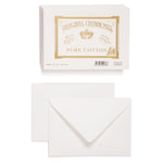 An image of the front and back of a white envelope. Above is an image of a stack of white envelopes. On the top of stack is the Original Crown Mill branded gold seal which features a crown and an Old English font.