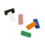 Rectangular erasers in white, pink, orange, green, black colors. 
