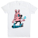 A side view of a pink Jethro Bunny walking with a musical note coming from his mouth. "Walk Happy" is printed on his head. Under his feet "Jethro" is sewn in blue. 