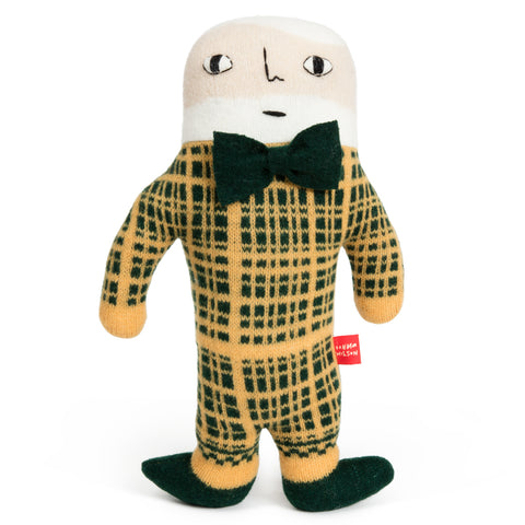 Knit Plush Toy with white hair and beard, a green and yellow checked suit, black shoes and applied bow tie, hand embroidered facial features and attached brand tag.