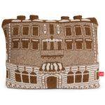  Plush, knitted pillow in brown and white with four small protruding chimneys at the top, with an image of  the original Carnegie Mansion.   