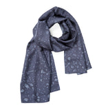 Made By Rain Scarf Small in Dark Blue, looped at the top with the ends hanging down. The material is silky, and splattered with raindrops.