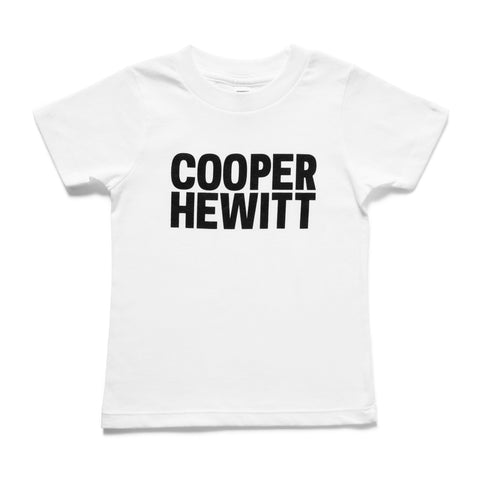 White kids t-shirt with black text that reads Cooper Hewitt 