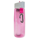 A transparent pink colored bottle with light grey top, pink folding straw, and filter down the center. A key ring and a small mountain clip are attached to the bottle