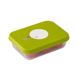 Image of a single storage container with tomatoes inside. Its green lid shows a white dial and a date window on the top.