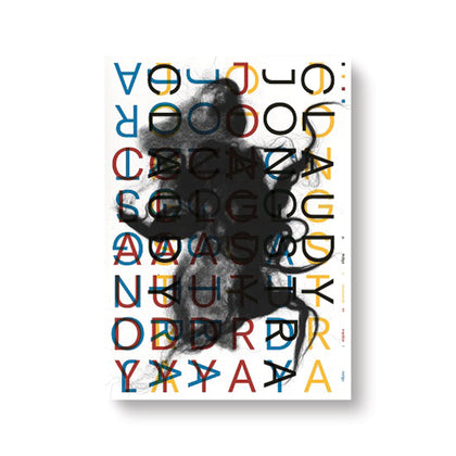 Book cover with a grid of letters in cyan magenta black and yellow some overlaid in different directions in the middle is an amorphous black fibrous mass