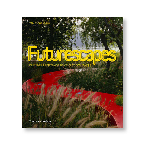 Square book cover with image of a landscape design featuring a glossy red curving architectural element. Title in retro yellow font overlaid in the center