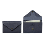 Front and interior view of the Farmer's Felt Double Case with an envelope style flap cover and brass snap closure.
