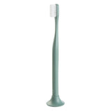 Pale green toothbrush with matching color, round shaped stand.
