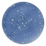 Medium blue colored large platter with white rain drop detailing across its surface.