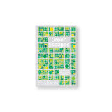 Gray chipboard book cover with pattern of squares made from dots in greens and yellows. Title in white sans serif letters 