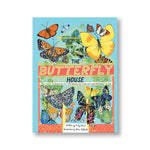 Light blue book cover with illustration of an victorian green house with green plants inside and ornate yellow lattices surrounded and filled by colorful butterlies