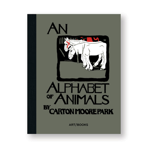 Greenish gray book cover with woodblock print illustration of white horses surrounded by a black box and the title information in black