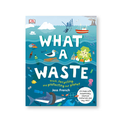 Book cover with illustration of a seascape with industrial buildings in the background plastic floating in the midground and sea creatures trapped by plastic in the foreground. Title in large white illustrated letters