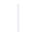 Light blue straw lays vertically on a white surface.