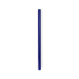 A dark blue straw lays vertically on a white surface.