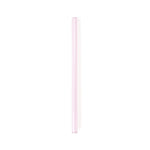 A pink straw lays vertically on a white surface.