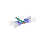 Colorful hand-painted dragonfly made of light-weight linden wood, with a bright green body with pink and black stripes, bulbous red eyes with white pupils, and four plump white wings with purple and blue fan-shaped accents.
