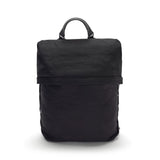 Black backpack with flexible roll-top closure and a black leather handle