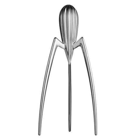 Side view of citrus squeezer with three long legs and inverted raindrop shaped head with ridges.