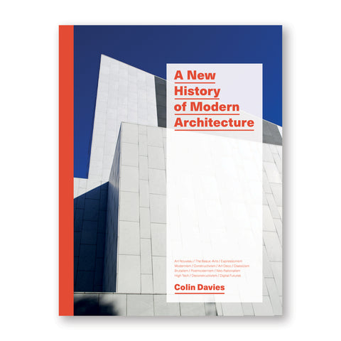 Book cover with a red spine, featuring a full bleed photo of a modern facade against a blue sky. A translucent, white rectangle overlaid has red text that reads "A New History of Modern Architecture"