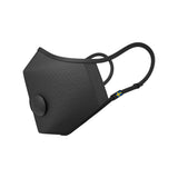 A face mask, in black and made of a synthetic material, features black elastic ear loops, a seam at the nose allowing for a close fit, and  two round valves allow for improved air flow.
