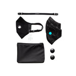 The Airinum Urban Air Face Mask kit featuring an elastic headband, a synthetic mask, two filters, two valve covers, and a carrying case.