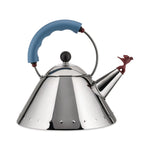 Side view of mirror-polished kettle with maroon colored bird whistle at the end of the spout and light blue handle and black sphere knob on its lid.