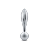 Object self-standing on its sphere-shaped pestle end, with ribbed squeezer end pointing upwards.